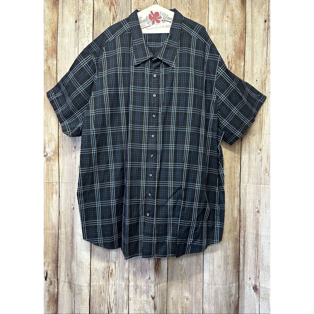 6XL SYNRGY Men’s Short Sleeve Collared Button Front Black Blue Striped Tshirt